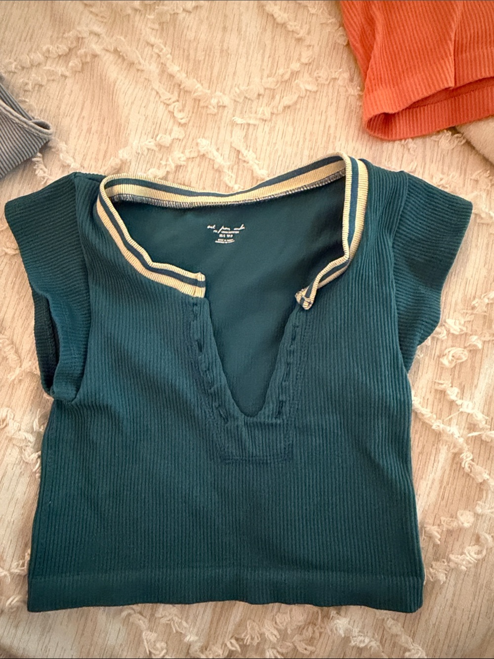 Urban Outfitters Teal Ribbed Cap-Sleeve Top with Cream Trim